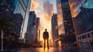 A successful, happy, wealthy businessman stands in a big city, a street, modern skyscrapers at sunset, thinking about his vision for the future.