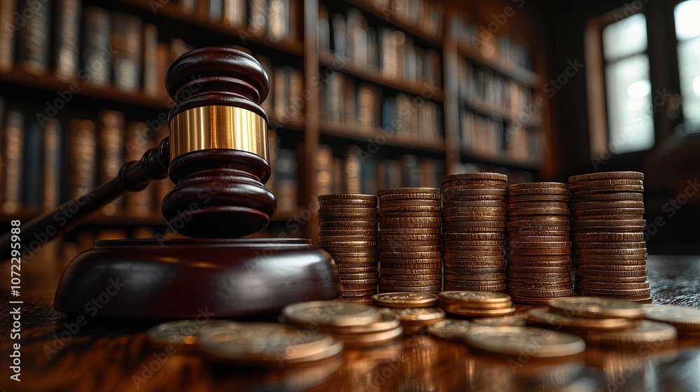 A gavel is positioned next to a stack of coins, emphasizing the intersection of law and finance in a warm, inviting library setting filled with books
