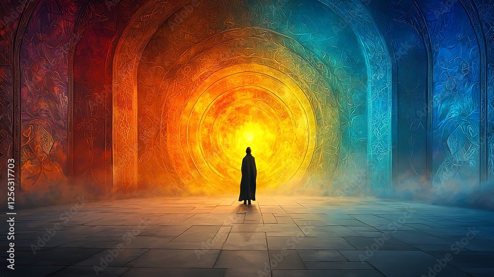 Person facing glowing portal in mystical archway