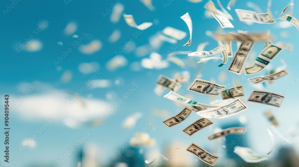 "Flying hundred-dollar bills against a clear blue sky, signifying financial freedom and abundance